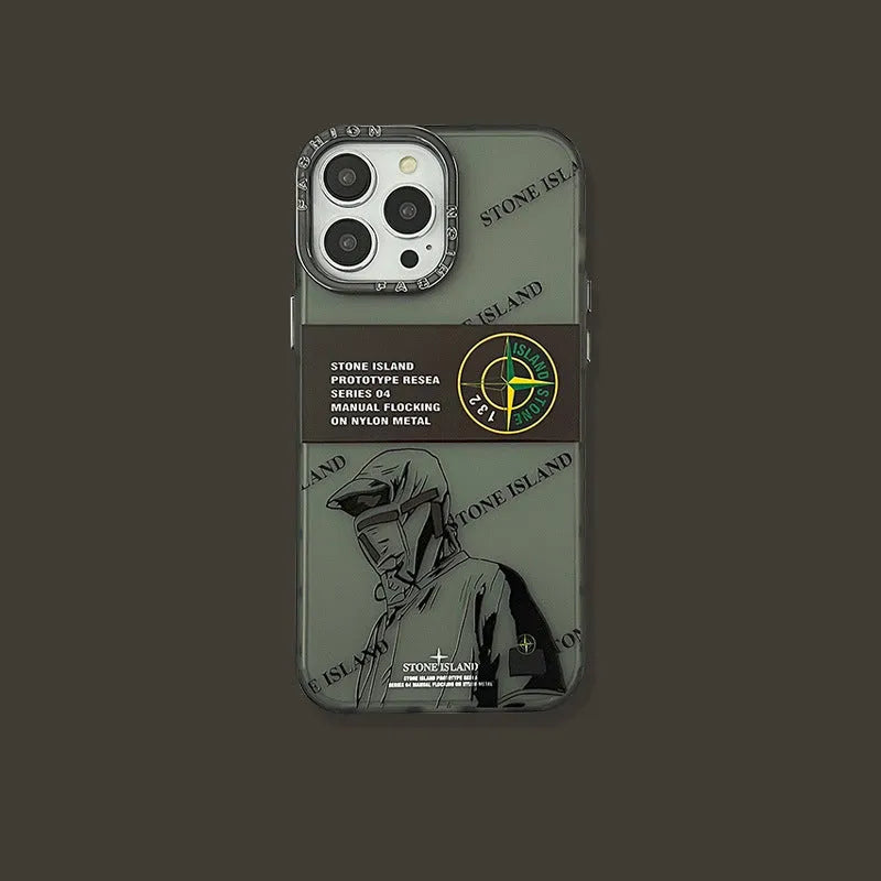 Creative Text Phone Case with hard back and soft edges, electroplated lens ring in purple stone island label, for iPhone