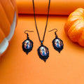 3pcs vintage Halloween tree of life and witch necklace set with earrings, alloy pendant jewellery, two colour styles