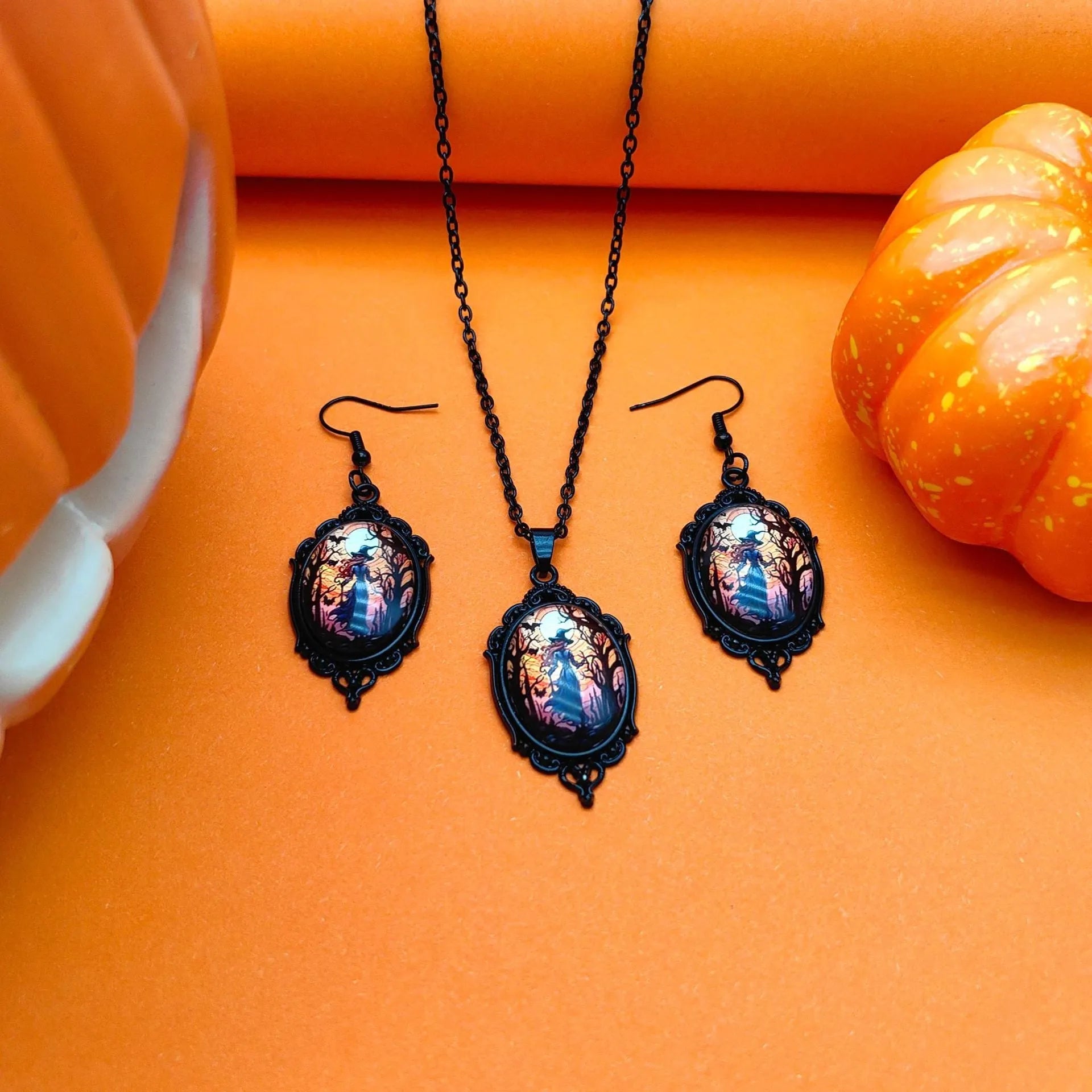 3pcs vintage Halloween tree of life and witch necklace set with earrings, alloy pendant jewellery, two colour styles