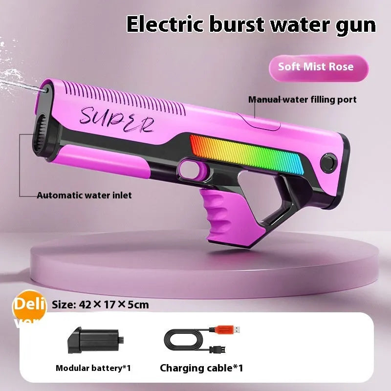 Automatic feeding electric water gun in blue with plastic body and USB port, 42x17x5 cm outdoor toy
