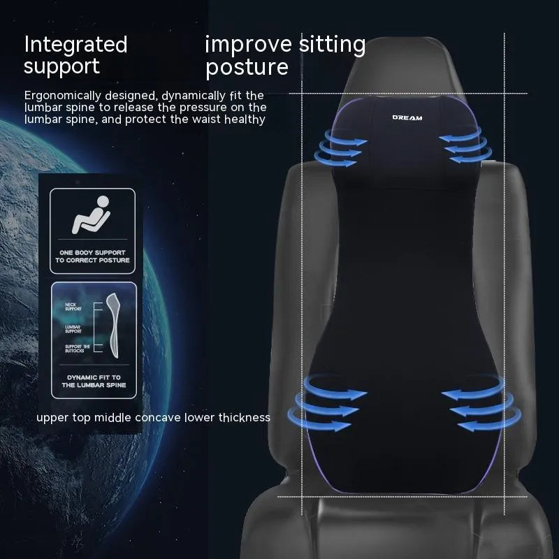 Black memory foam lumbar support pillow and matching cushion set for car or chair.