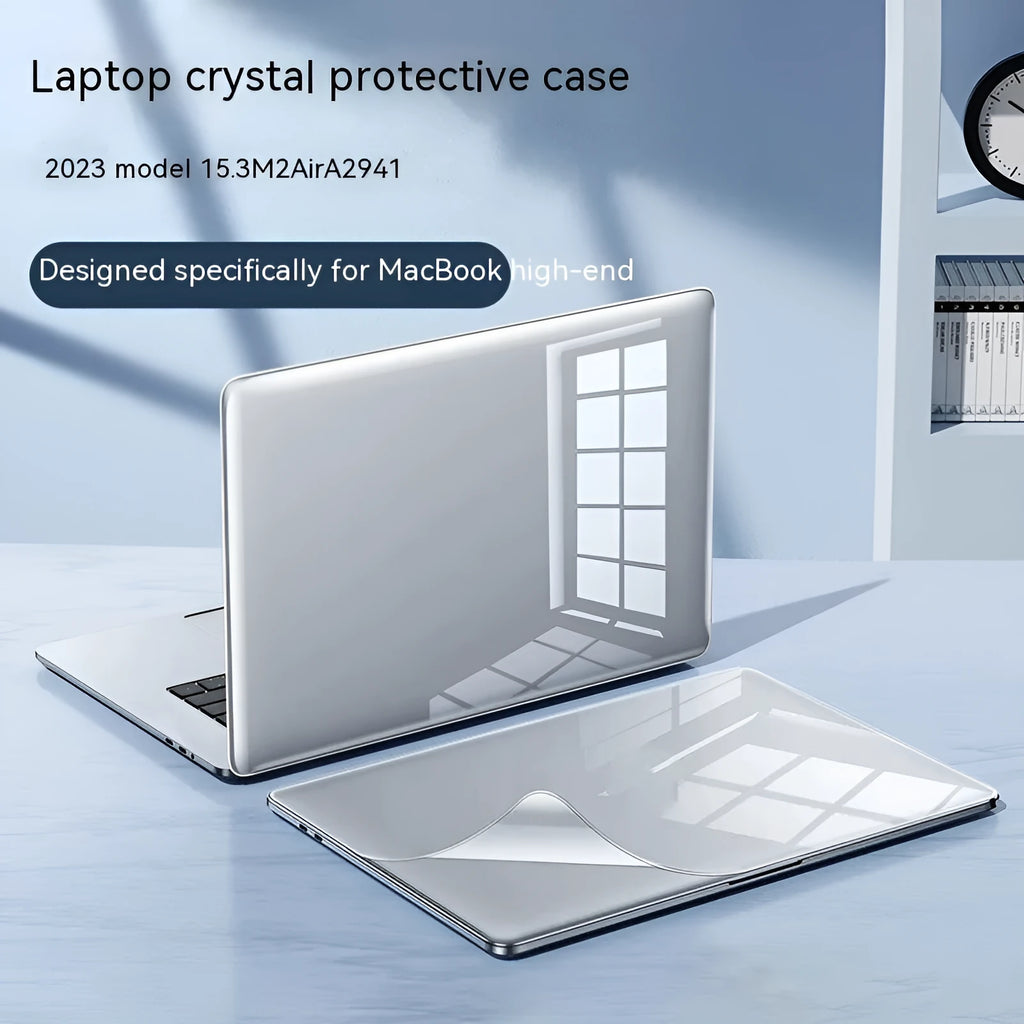 MacBook Pro laptop with a crystal transparent protective hard shell case snapped onto its lid and base.