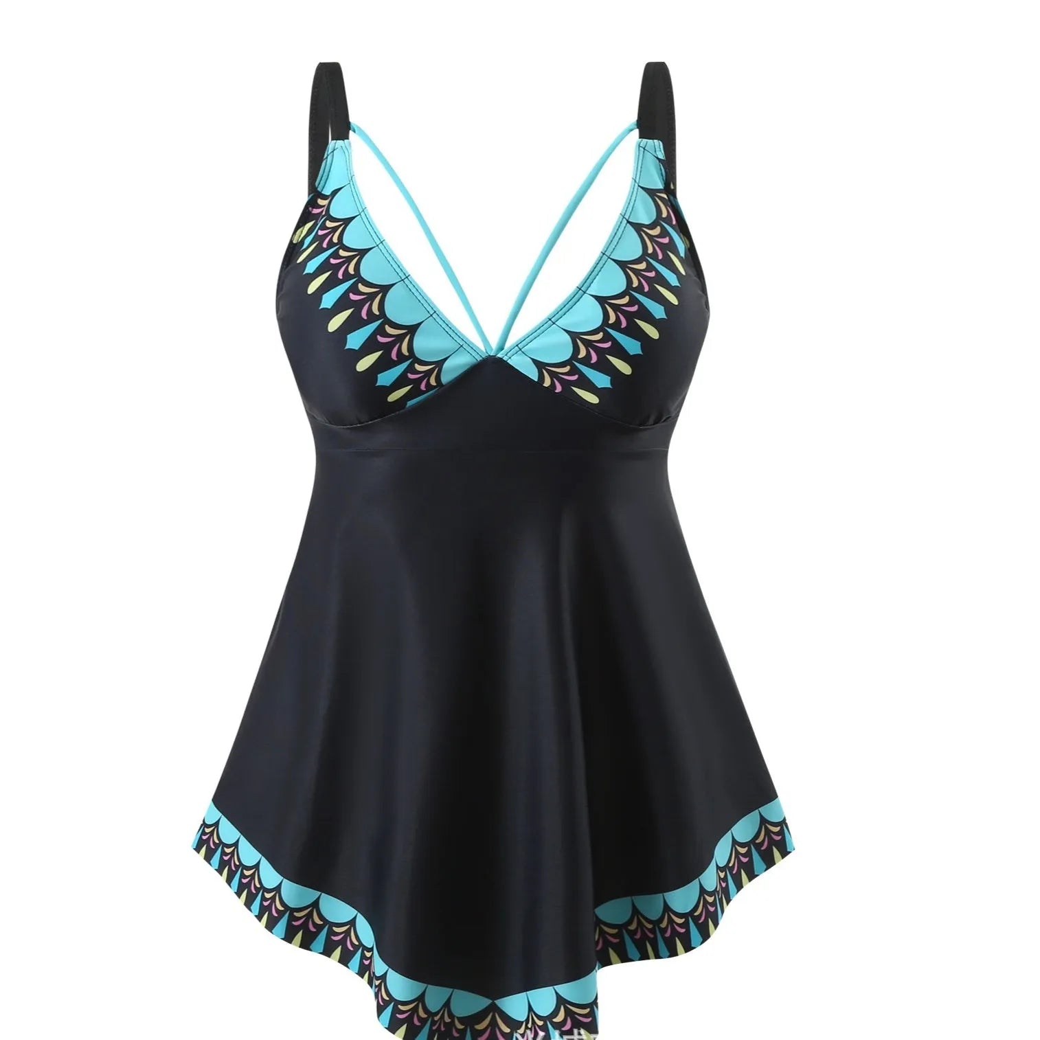 Plus size green polyester two-piece bikini swimsuit on a mannequin