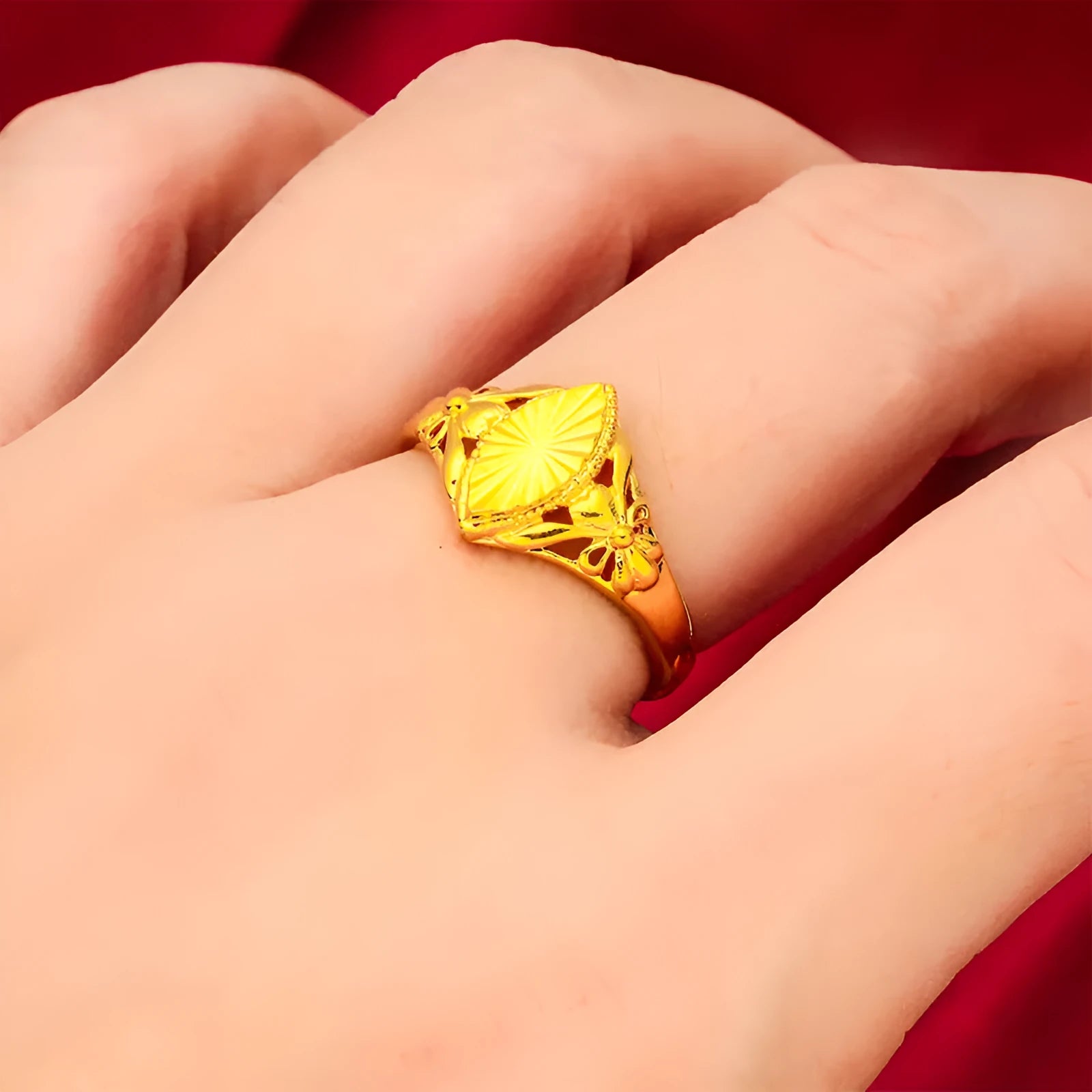 Women's electroplated brass ring with open diamond flower design and geometric texture in gold colour