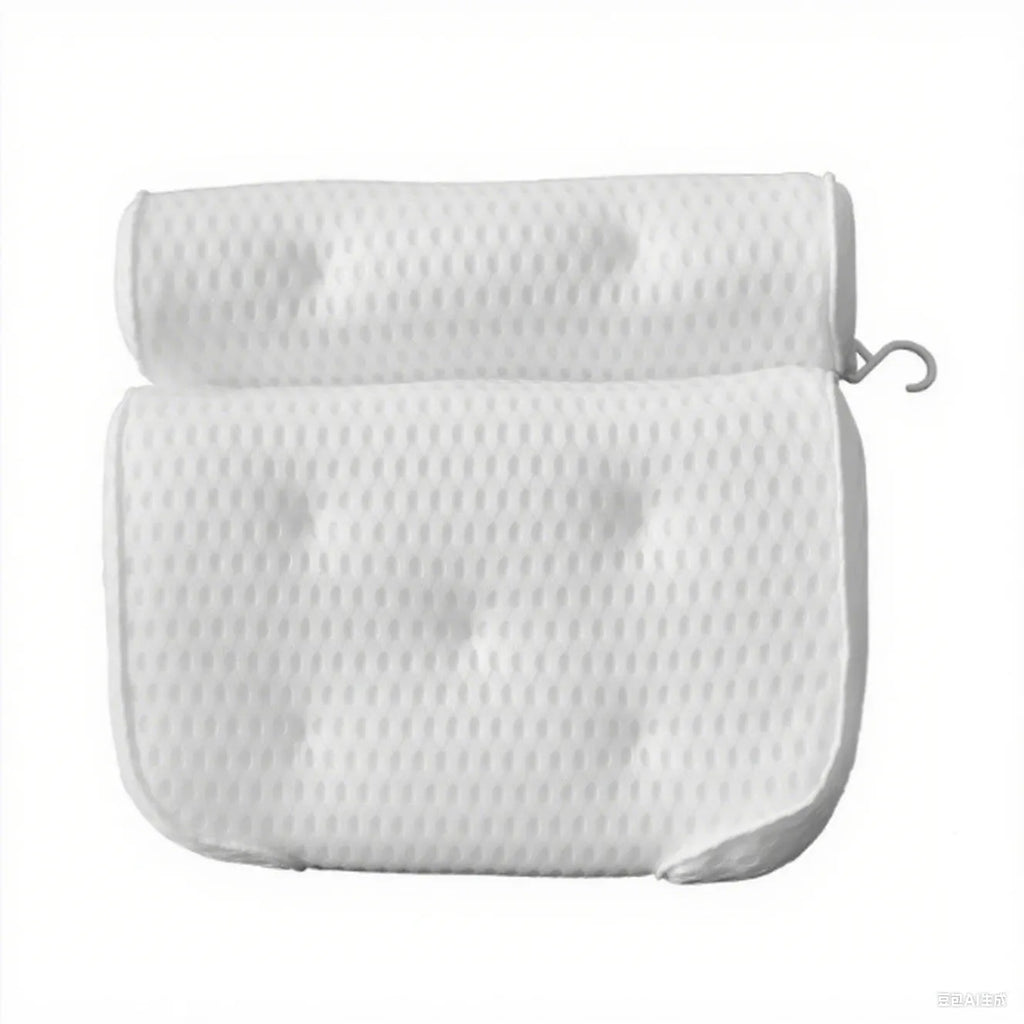 White adult bathtub pillow with 4D mesh material and suction cups on a bath mat.