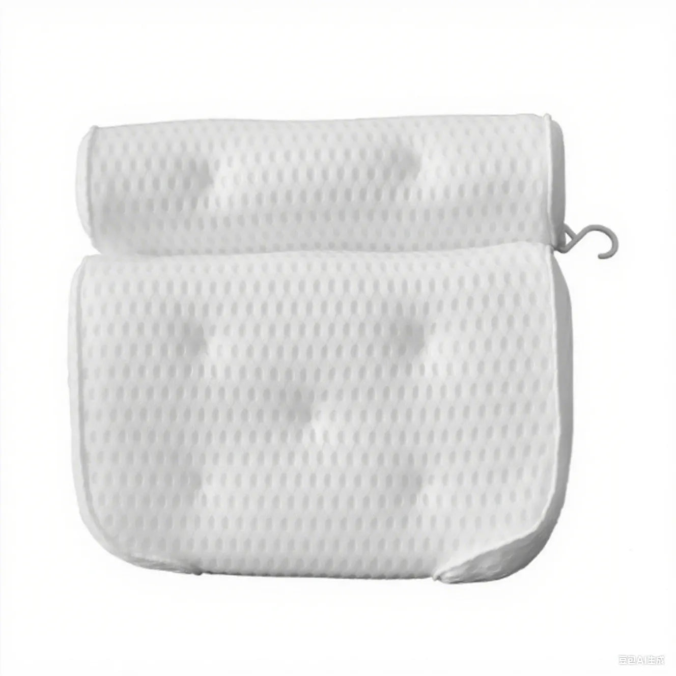 White adult bathtub pillow with 4D mesh material and suction cups on a bath mat.