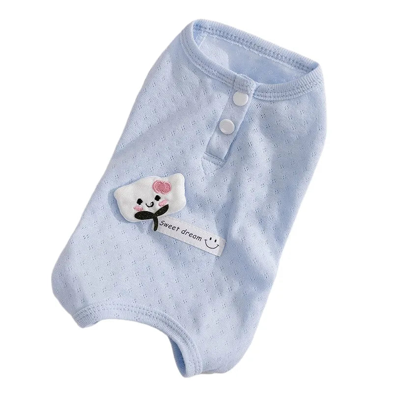 Blue cotton mesh pet t-shirt with cat patches and button closure for small medium dogs and cats