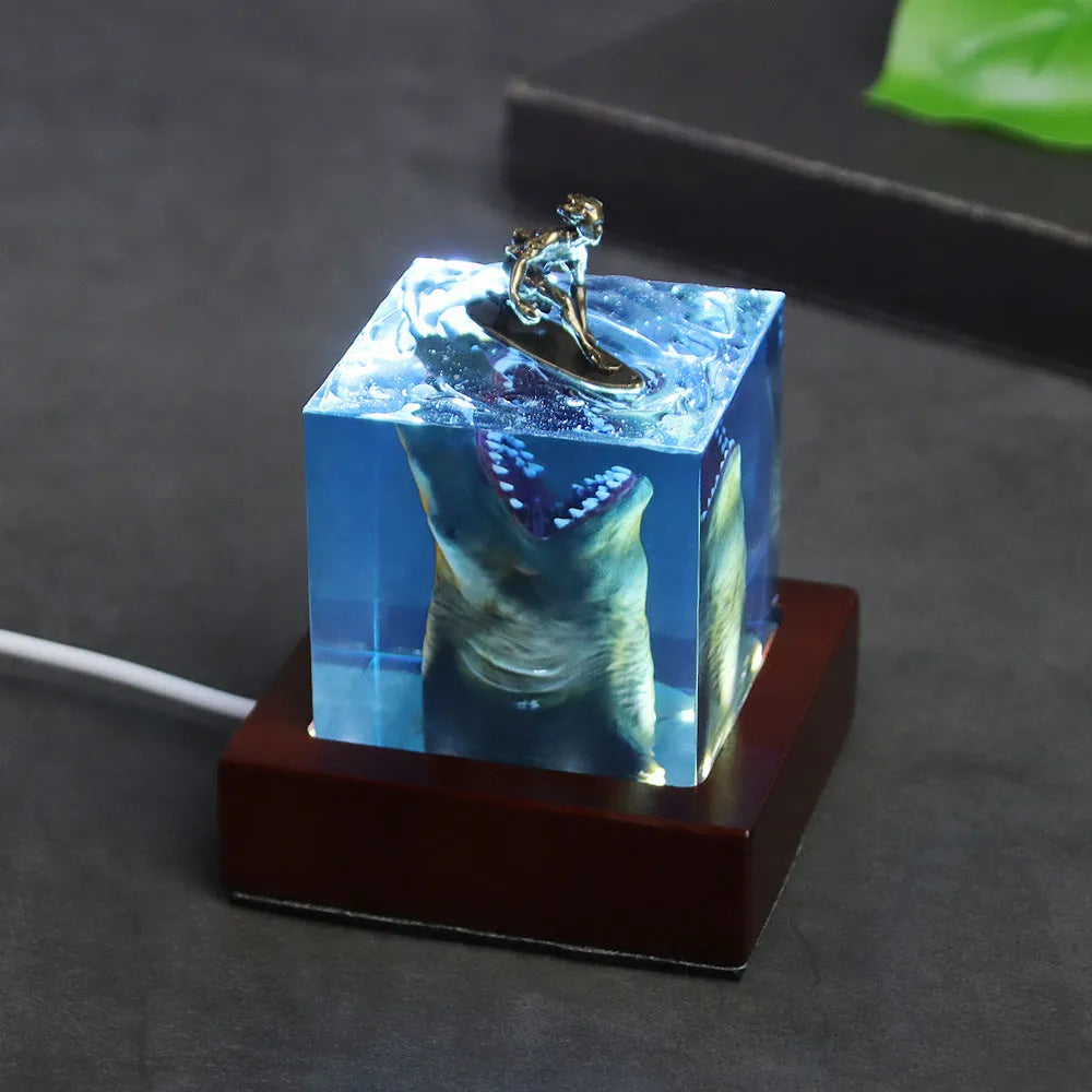 Crystal clear epoxy resin shark surfer night light ornament in 5cm and 8cm sizes