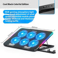 Black laptop cooling pad with RGB light, phone bracket, wire fence plastic body, 360x255x27mm