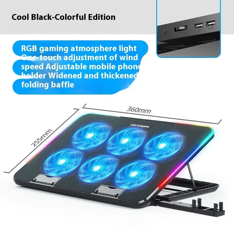 Black laptop cooling pad with RGB light, phone bracket, wire fence plastic body, 360x255x27mm