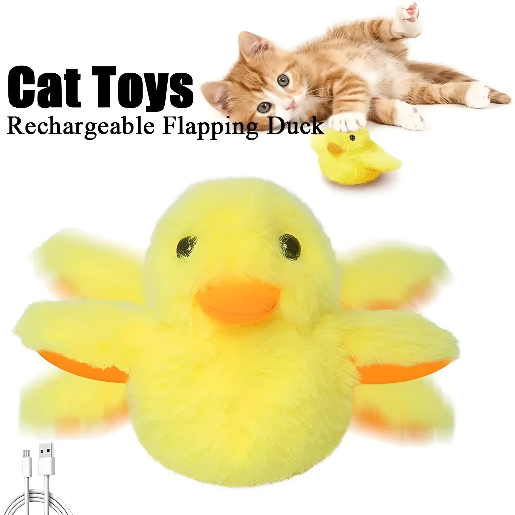 Yellow chick-shaped flapping duck cat toy with USB charging cable