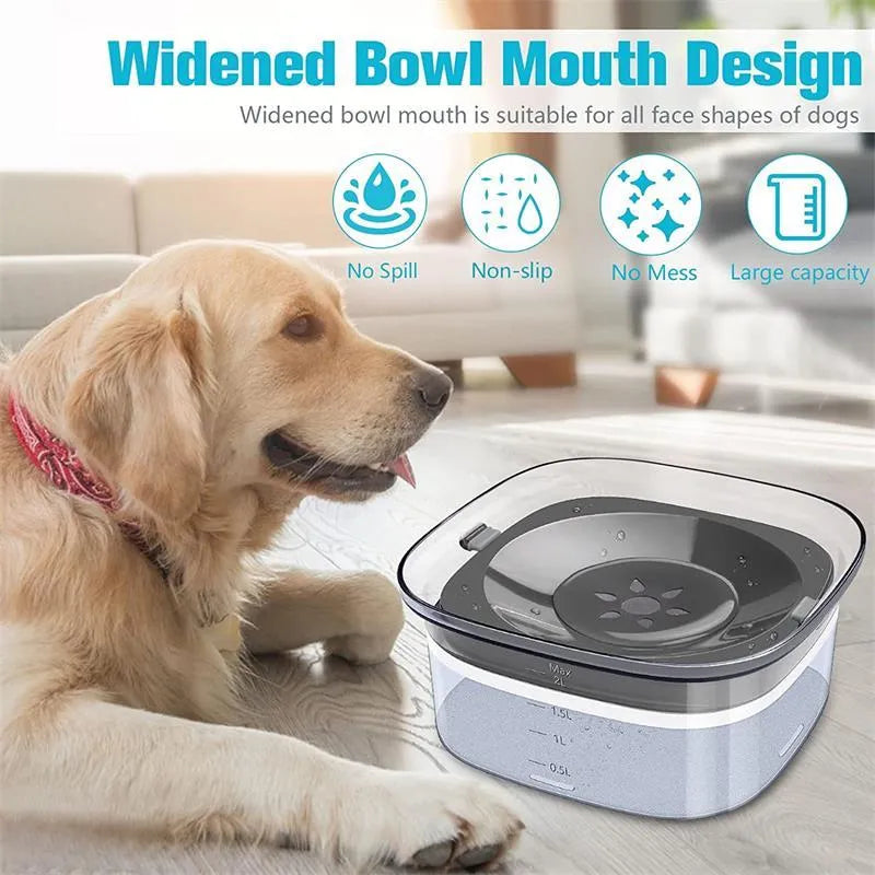 Transparent 2 litre dog water bowl with floating disk and visible water level