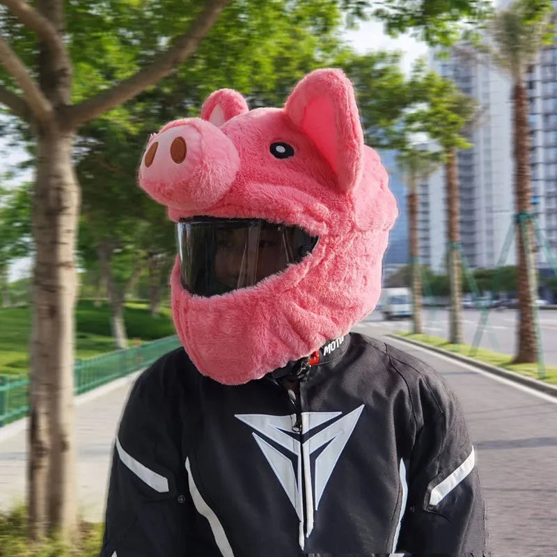 Pink pig cartoon plush helmet protective hood for motorcycle helmets with protective sleeve