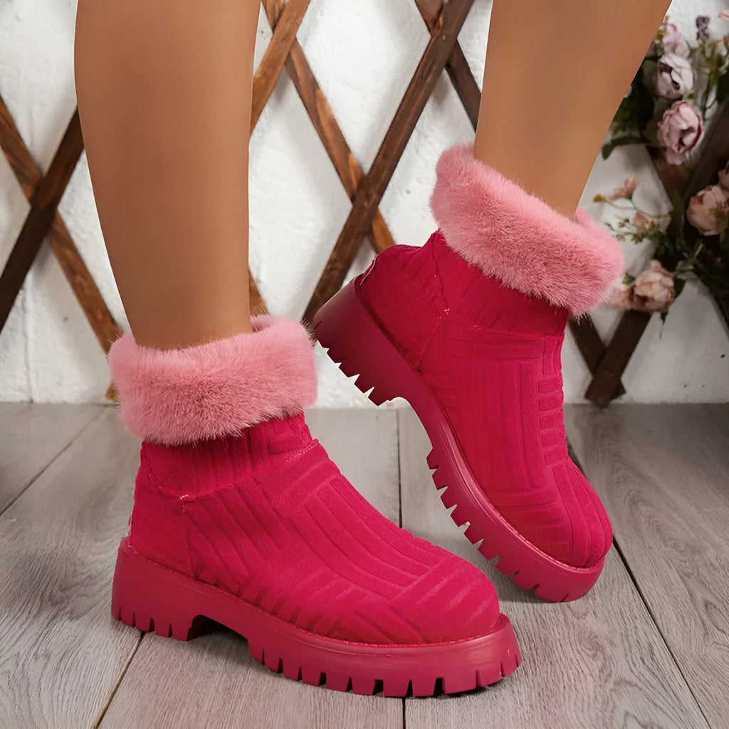 Women's winter ankle boots in green with artificial PU upper, thick rubber sole, and plush cotton lining