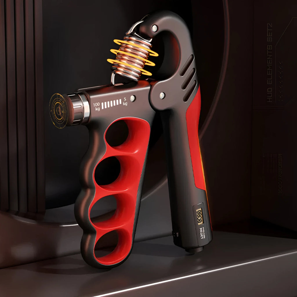 Adjustable electronic count spring grip with digital display in orange, red, or grey.