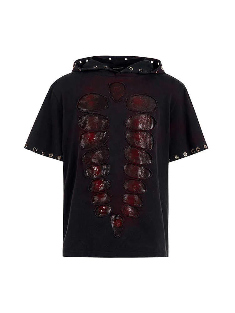 Black loose-fit men's hooded sequin T-shirt on a hanger