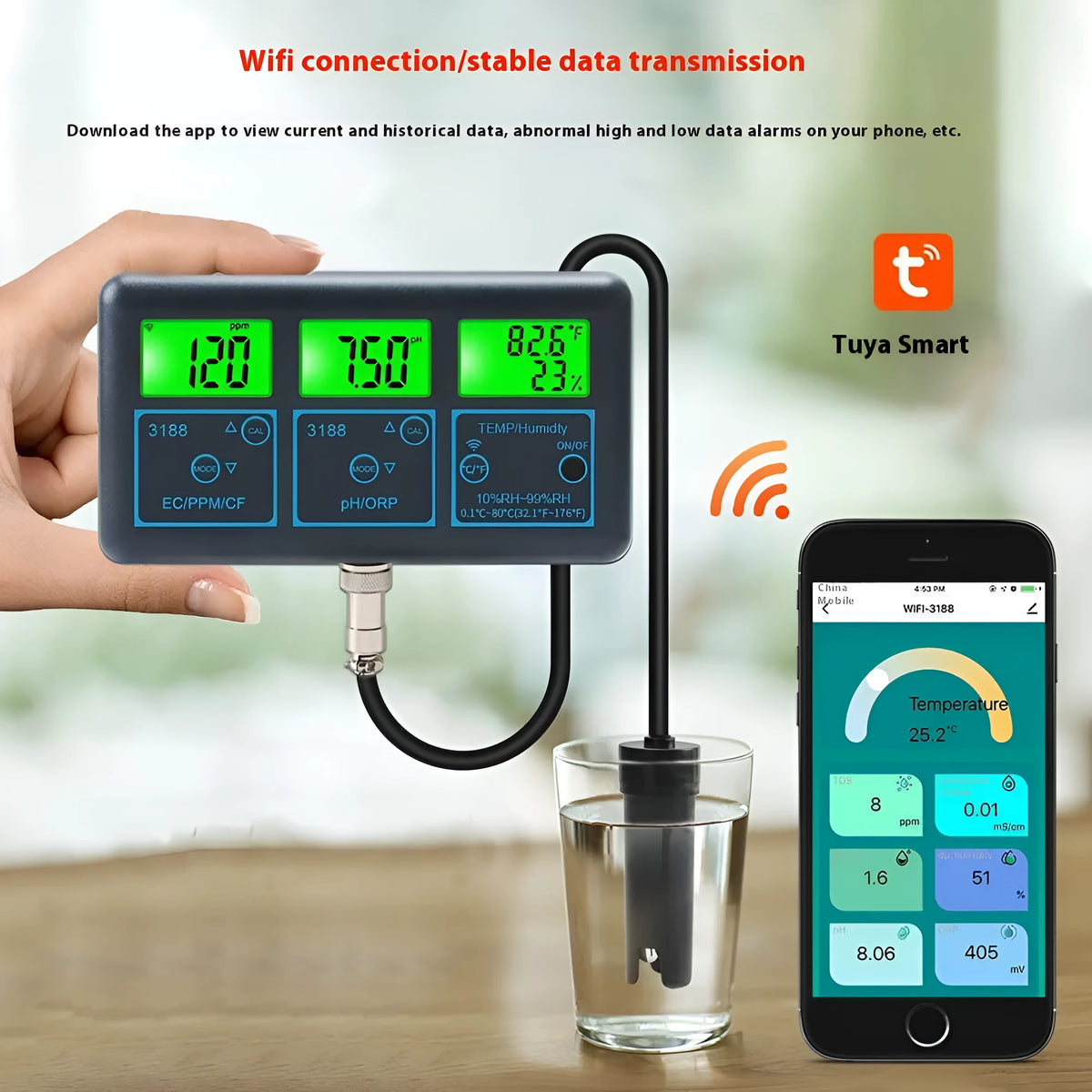 Black 7-in-1 WiFi water quality monitor with EC TDS CF pH ORP humidity temperature testing
