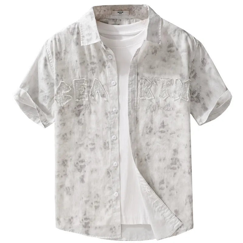 Men's gray white pure cotton summer cardigan with hanging dyed printing and short sleeves