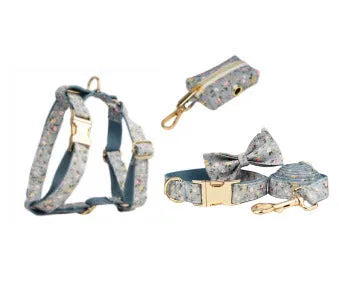 Blue floral pattern polyester cotton dog collar with decorative bow attachment and accessory set options