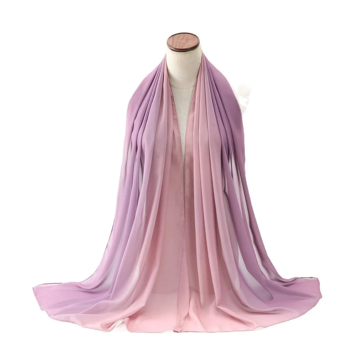 Long lightweight chiffon scarf with bubble towel texture draped over a mannequin, showing its length and soft drape.