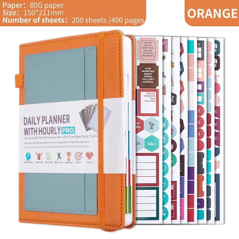 A5 no-date notebook with soft PU cover shown in purple, green, grey, black, pink, and orange, with planning stickers