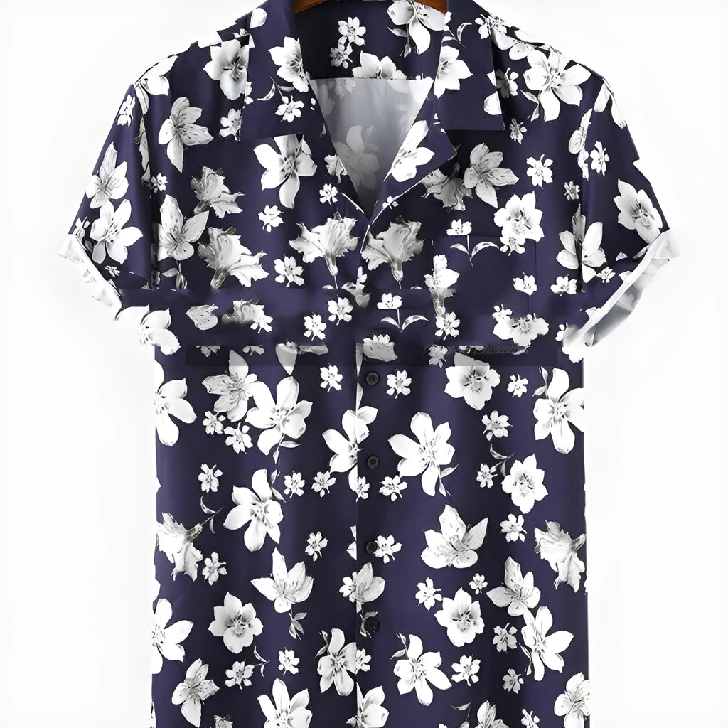 Men's blue peach blossom floral print short sleeve holiday shirt with lapel collar, polyester fabric, sizes S M L