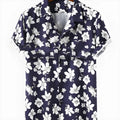 Men's blue peach blossom floral print short sleeve holiday shirt with lapel collar, polyester fabric, sizes S M L