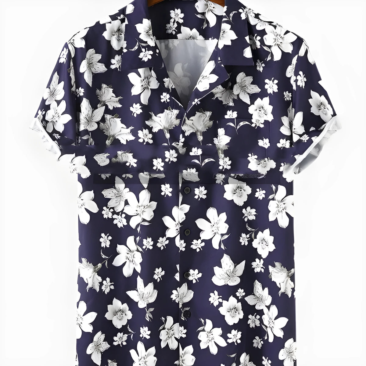 Men's blue peach blossom floral print short sleeve holiday shirt with lapel collar, polyester fabric, sizes S M L