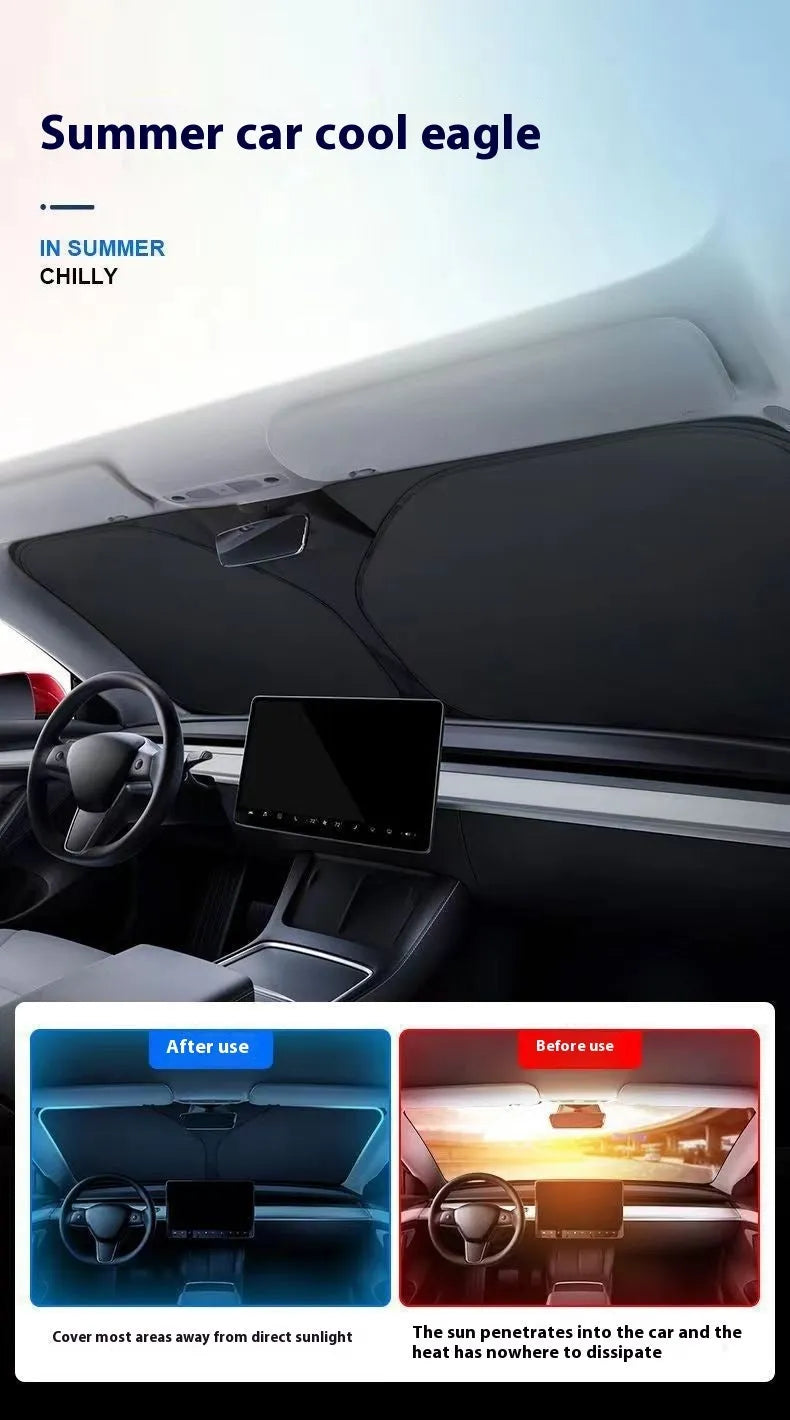 Aluminium foil car windscreen sunshade folded, showing reflective titanium silver surface and size options.