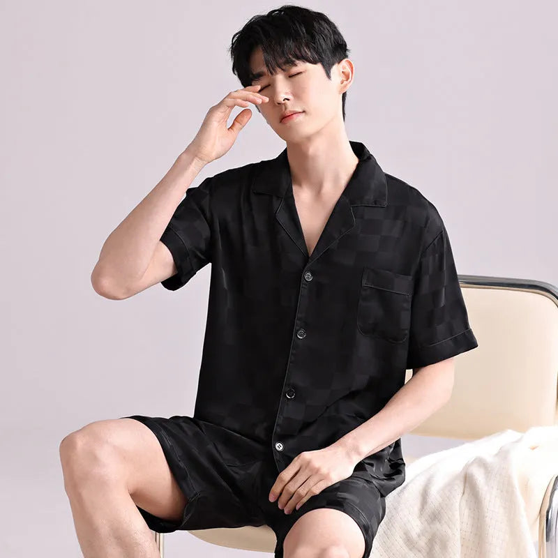 Men's ice silk pyjama cardigan set in artificial silk fabric with shorts, available in multiple satin jacquard patterns