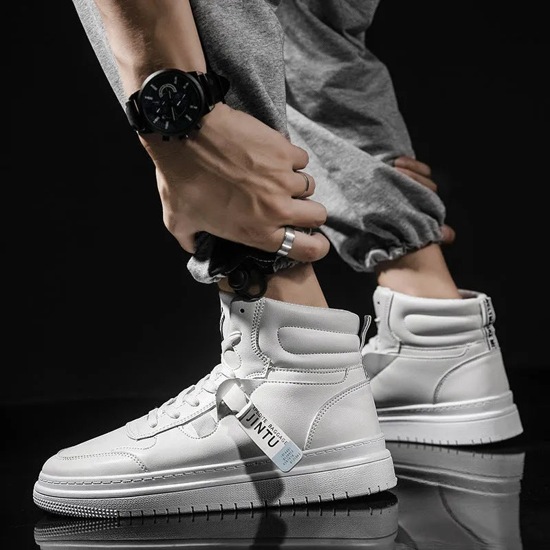 Men's Korean style short boots in white with faux leather upper, side view showing clean silhouette