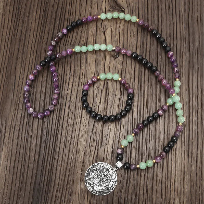 Long yoga lotus pendant necklace and matching bracelet set with adjustable length and handmade stone beads