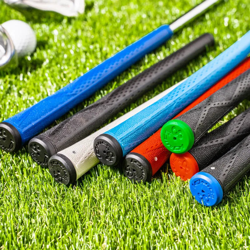 TPE golf club grip in assorted colours including pink, red, and black with blue head on a club shaft.