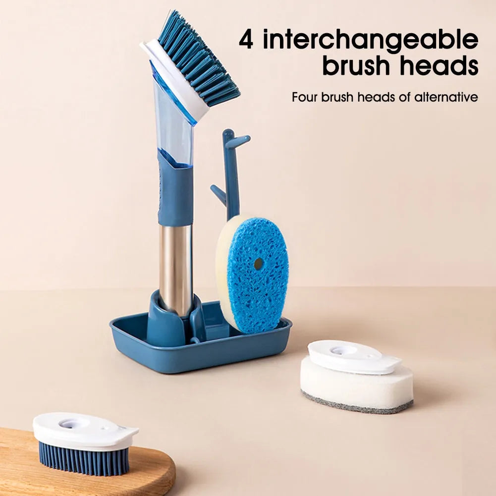 Multifunctional kitchen cleaning brush with built-in soap dispenser and long handle