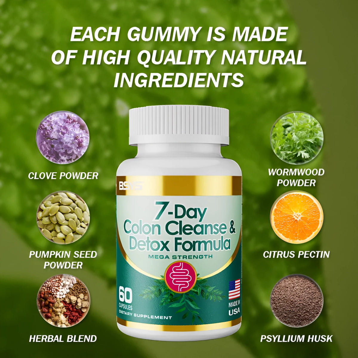 Bottle of 7-day colon cleanse and detox formula capsules for digestive wellness