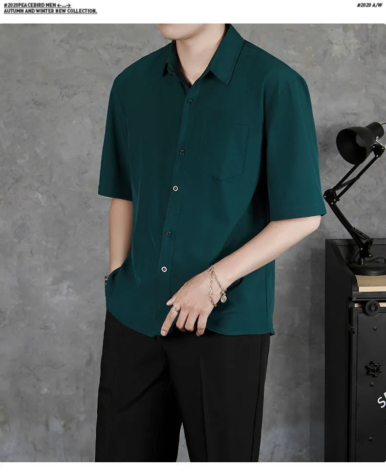 Men's solid colour short sleeve cotton blend casual shirt with loose fit in black white light green dark green sizes S to XXXL