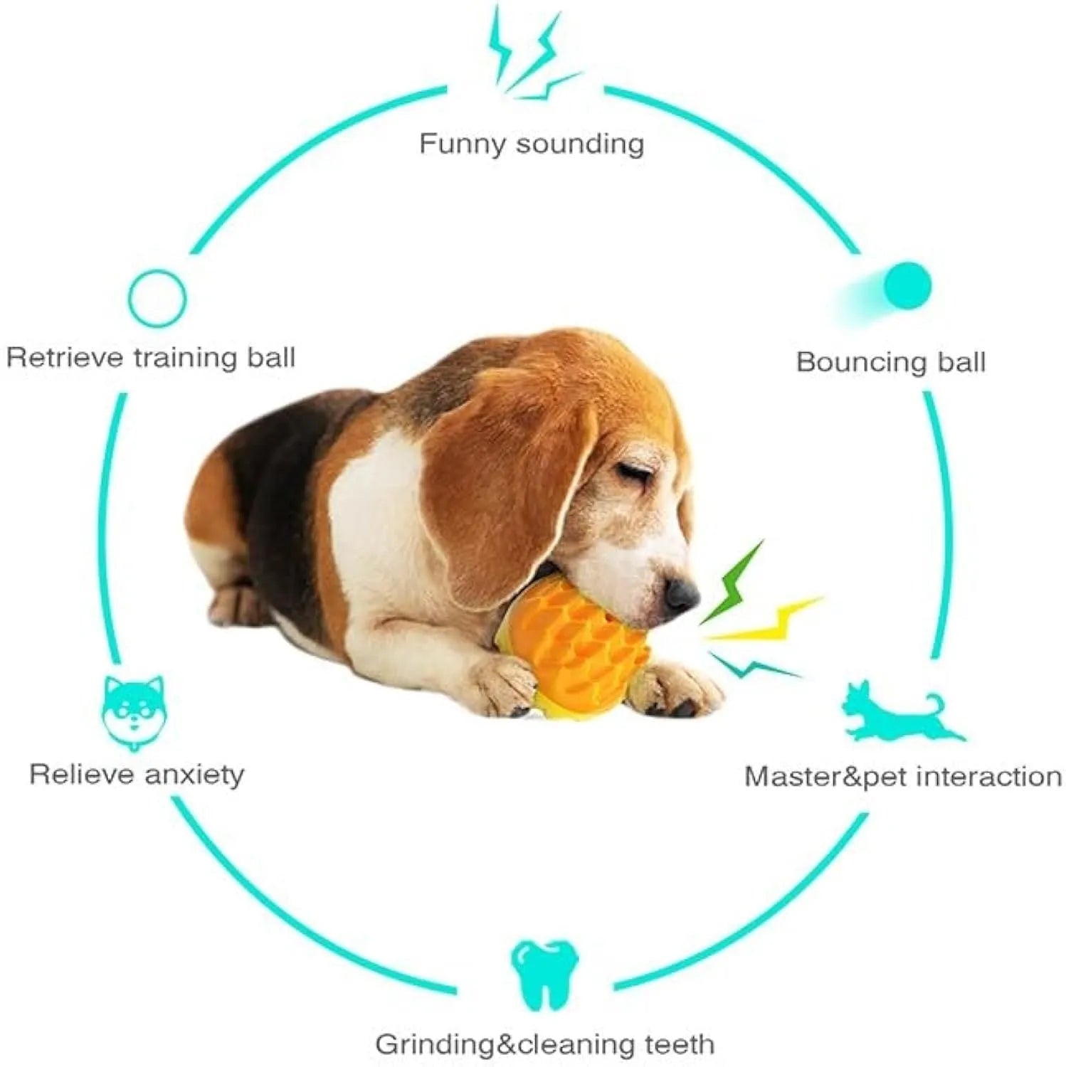 Blue squeaky rubber dog ball with spiked surface for dental cleaning and aggressive chewers