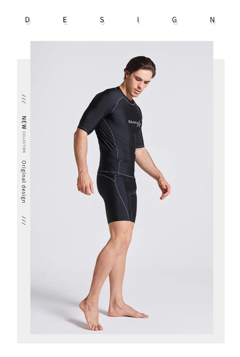 Men's quick-dry half sleeve swimsuit set in nylon fabric for snorkelling and surfing activities