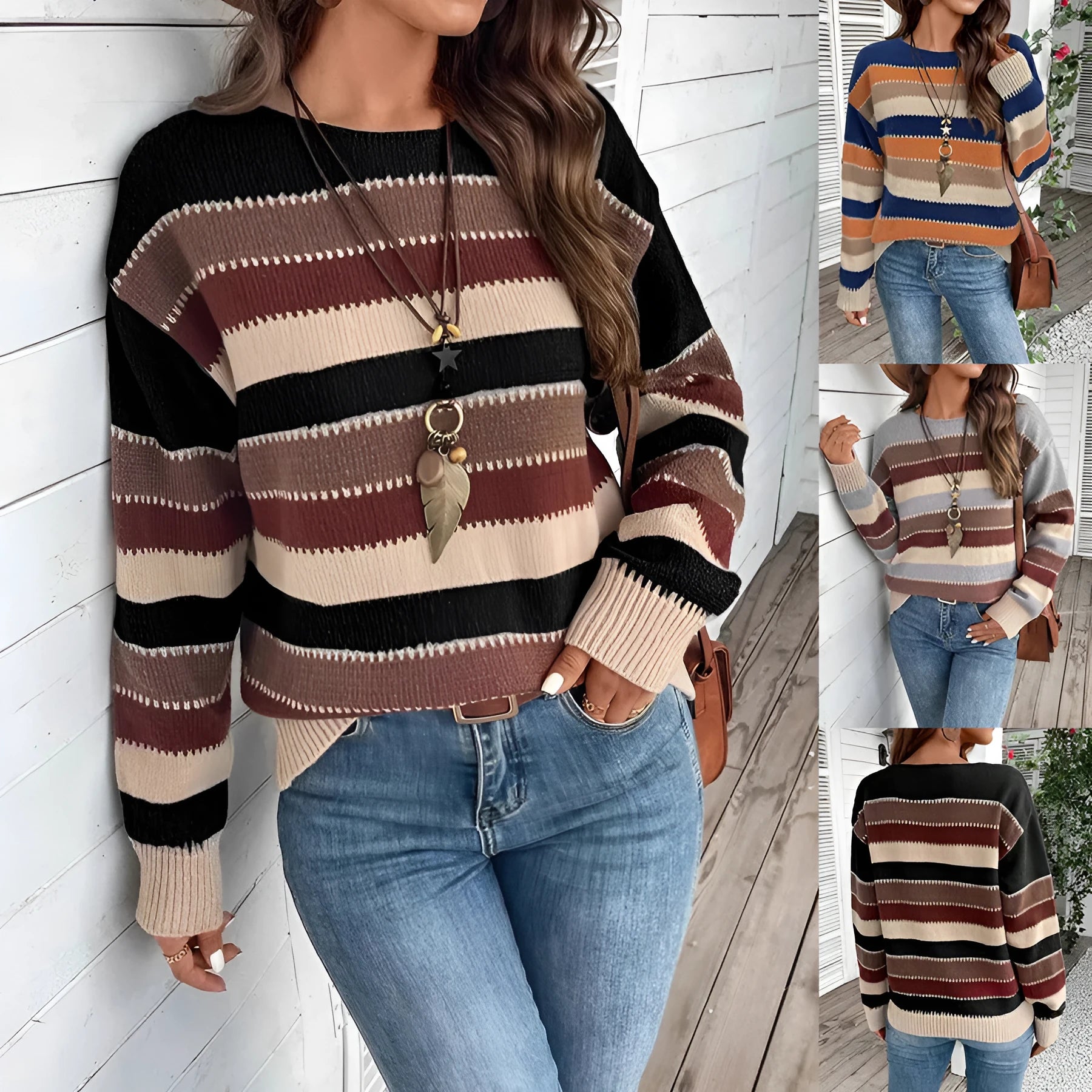 Women's colourblock striped pullover sweater in polyester fabric with long sleeves