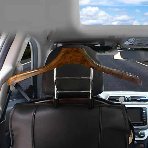 Wood yellow stainless steel car clothes hanger measuring 46.5cm by 23cm