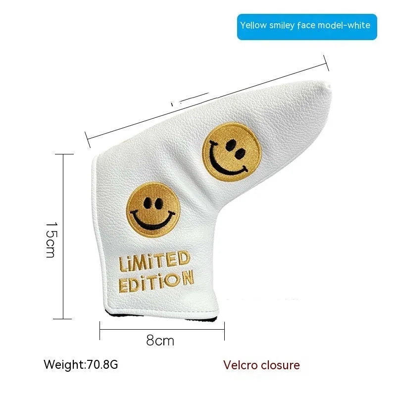 Golf putter sleeve protector in various designs including clover, panda, and sneaker patterns.