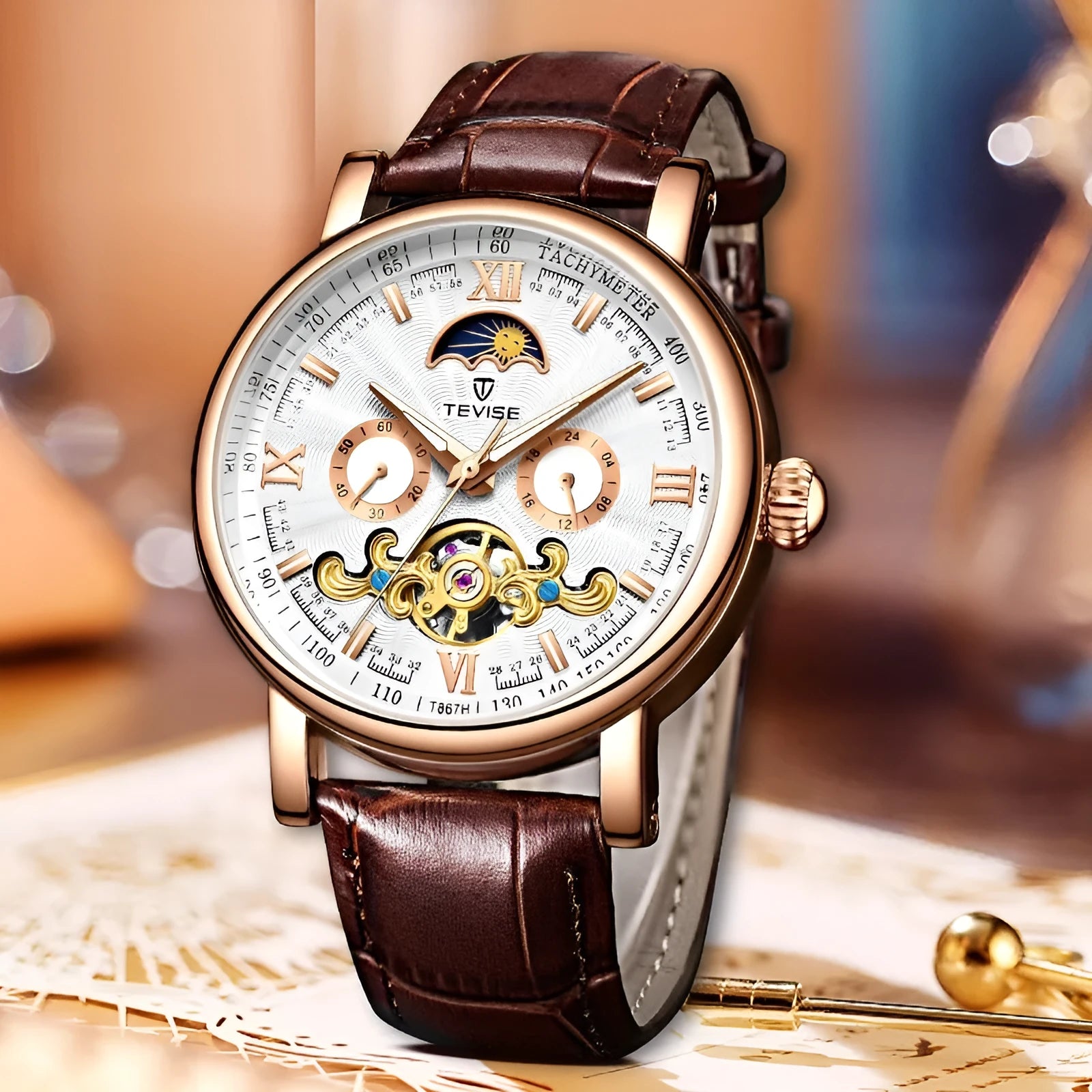 Calendar large dial thin mechanical watch for men, 17mm case, available in white black gold colours