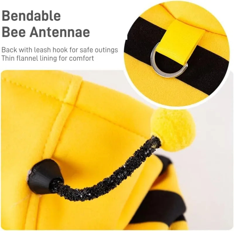 Yellow black bee stripe pet hoodie with flexible antennae on hood and belt hook on back, for dogs and cats