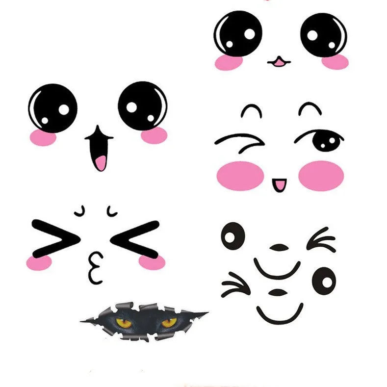 Pair of reflective cartoon eye car stickers for rearview mirrors on a white background