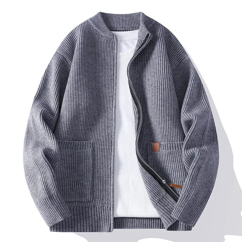 Men's striped sweater cardigan in Vinylon blend fabric available in five colours with straight cut design