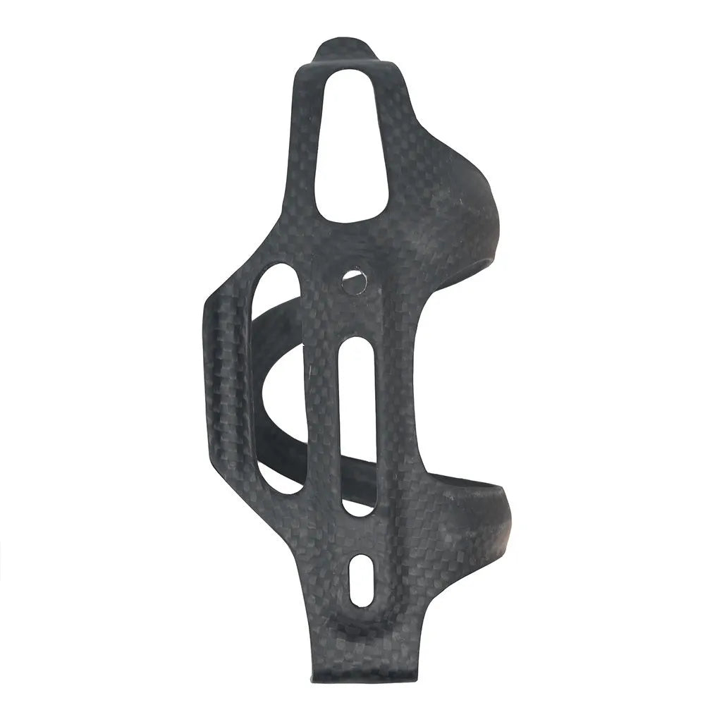 Black carbon fibre side-pull bicycle water bottle cage showing mounting holes and bottle grip.
