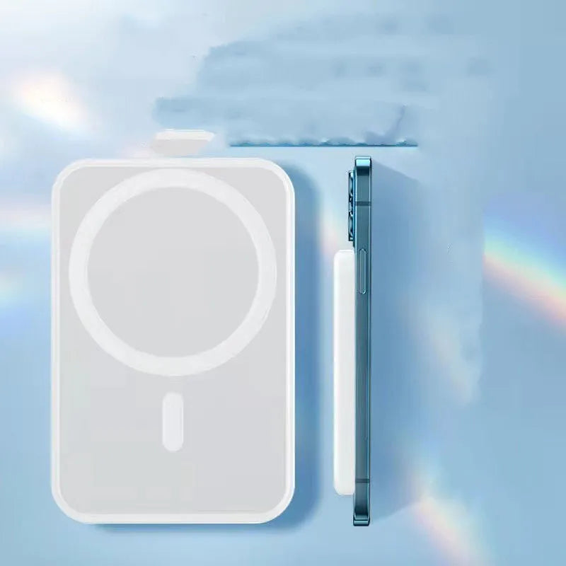 White magnetic wireless charger power bank showing compact dimensions and creative design