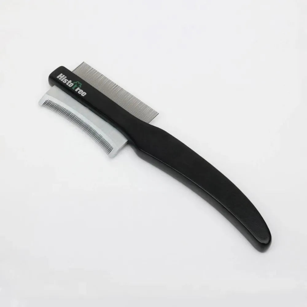 Black double-sided pet grooming comb with wood handle and stainless steel teeth