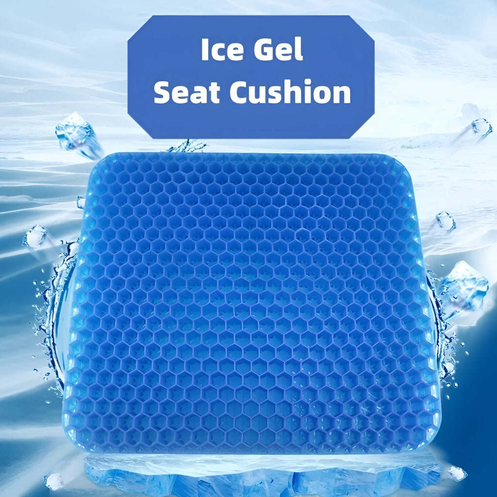Grey gel seat cushion with honeycomb design for tailbone pain relief, shown on a car seat.