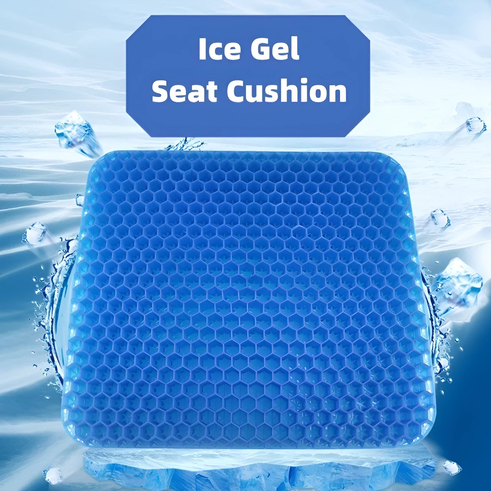Grey gel seat cushion with honeycomb design for tailbone pain relief, shown on a car seat.